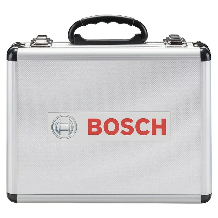 Bosch Bohr- & Meißel-Set SDS-Plus Mixed Set - SDS Plus, 11 -tlg. - Silberner Aluminium-Werkzeugkoffer mit schwarzem Griff und Bosch-Logo.