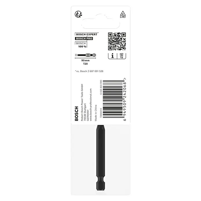 Bosch Bit PRO Impact T - T20, 90 mm - Bild einer Bosch Pro T20 Schrauberbit, 90mm lang, für professionelle Anwendungen, ideal für Handwerker und Heimwerker mit hohen Ansprüchen.