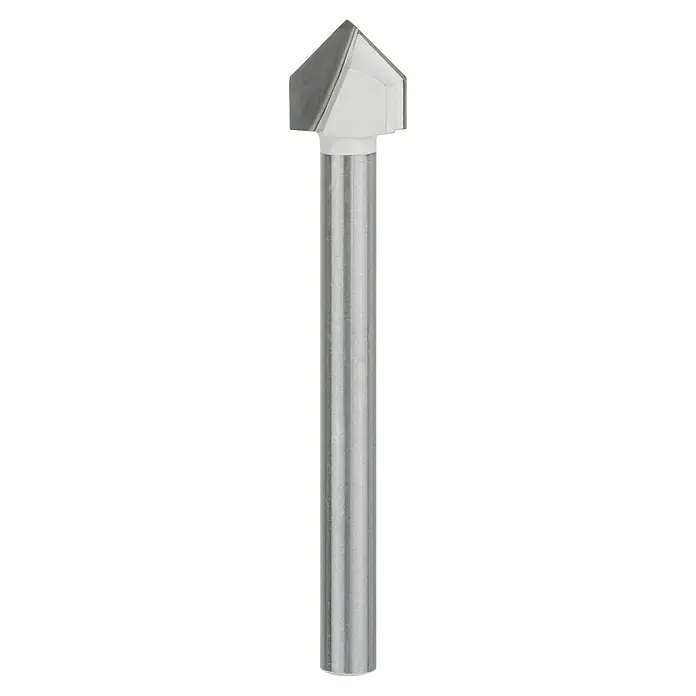 Bosch Fliesenbohrer CYL-9 SoftCeramic - Durchmesser Bohrer: 16 mm, 1 Stk. - Nahaufnahme eines V-Nutfräsers mit Schaft. Ideal zum Nuten und Beschriften in Holz und Kunststoff, ein unverzichtbares Werkzeug für präzise Arbeiten.