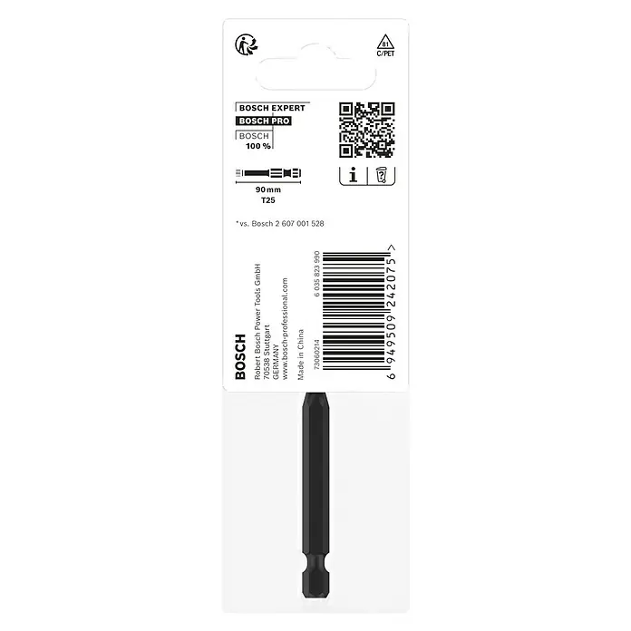 Bosch Bit PRO Impact T - T25, 90 mm - Produktverpackung eines 90 mm langen Bosch Expert T25 Schrauberbits mit Informationen zu Hersteller, Material und Herkunft.