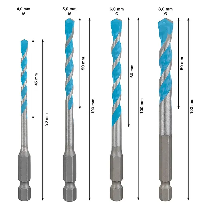 Bosch Expert Bohrer-Set Hex-9 Multi Construction - 4 -tlg. - Abbildung von vier blauen Spiralbohrern in verschiedenen Größen, geeignet für diverse Bohrarbeiten.