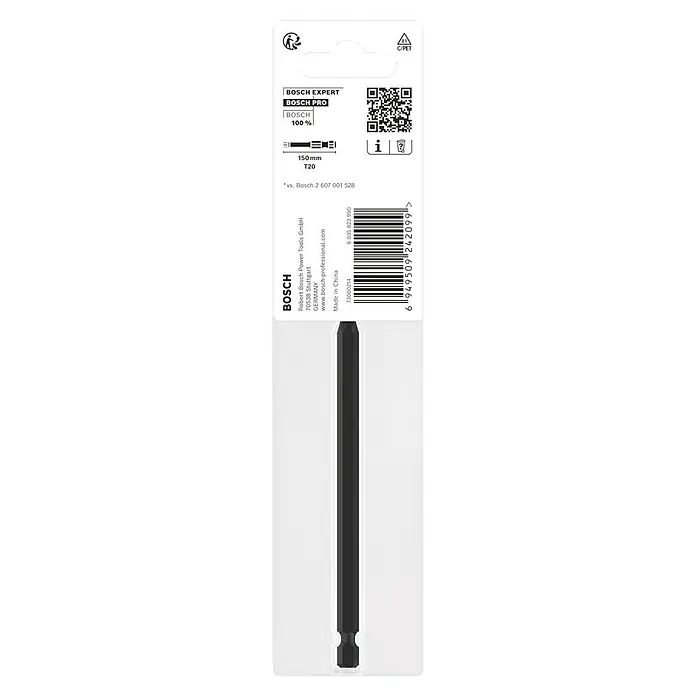 Bosch Bit PRO Impact T - T20, 150 mm - Bild einer Bosch Pro T20 Schrauberbit, 150mm lang, verpackt. Ideal für professionelle Anwendungen, hohe Präzision und lange Lebensdauer.