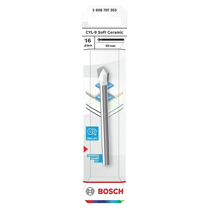Bosch Fliesenbohrer CYL-9 SoftCeramic - Durchmesser Bohrer: 16 mm, 1 Stk. - Eine Nahaufnahme der CYL-9 Soft Ceramic Fliesenbohrer von Bosch, ideal zum Bohren von Fliesen, mit einer Größe von 16mm.