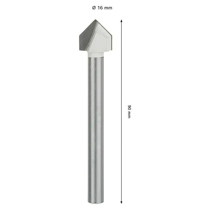 Bosch Fliesenbohrer CYL-9 SoftCeramic - Durchmesser Bohrer: 16 mm, 1 Stk. - Das Bild zeigt einen V-Nutfräser mit den Maßen Ø 16 mm und 90 mm Gesamtlänge. Präzise gefertigt für saubere V-Nutfräsungen in Holz und Kunststoff.