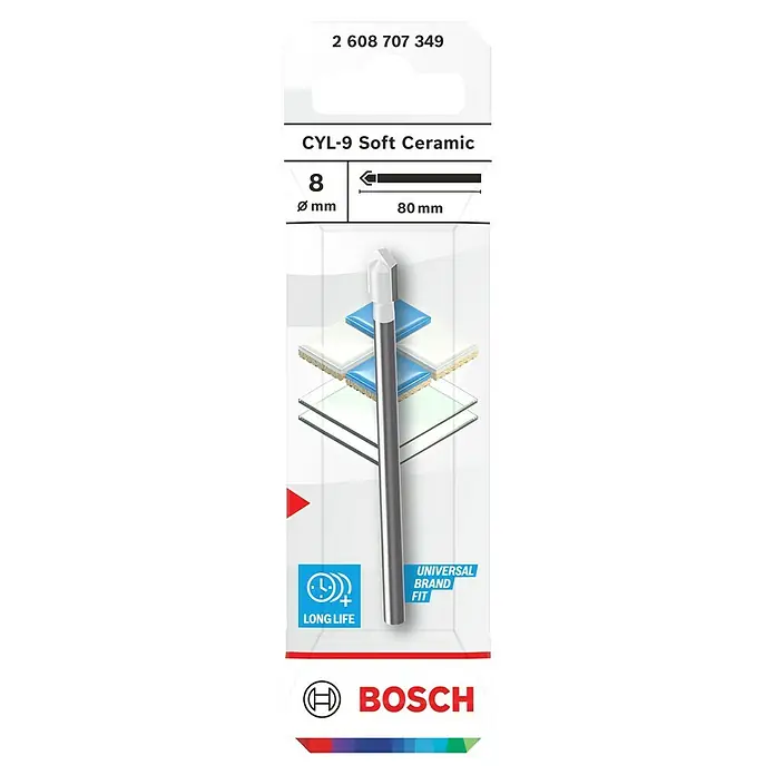 Bosch Fliesenbohrer CYL-9 SoftCeramic - Durchmesser Bohrer: 8 mm, 1 Stk. - Abbildung eines Bosch CYL-9 Soft Ceramic Bohrers mit 8 mm Durchmesser und einer Länge von 80 mm. Geeignet für weiche Keramikfliesen.