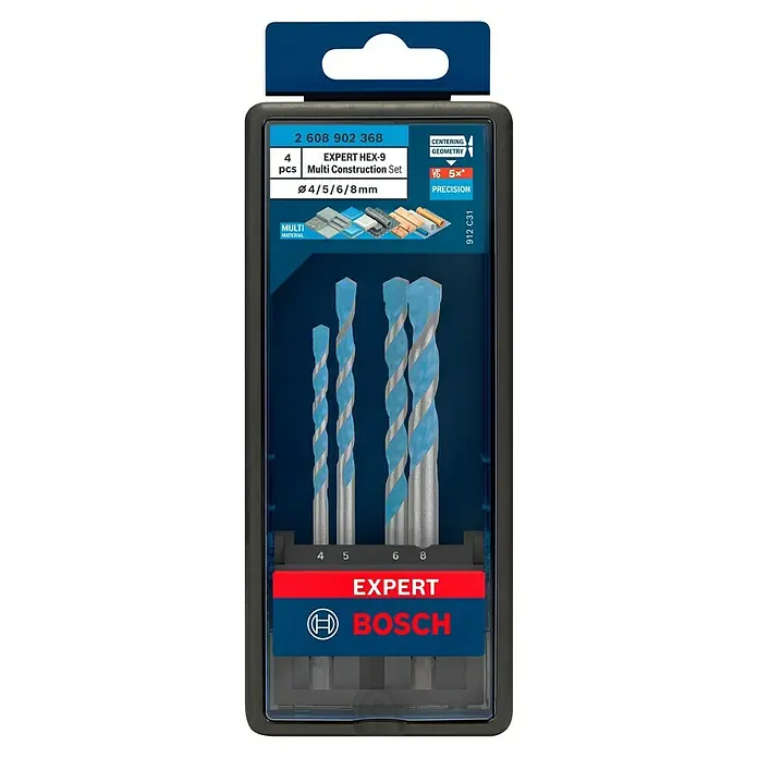 Bosch Expert Bohrer-Set Hex-9 Multi Construction - 4 -tlg. - Eine Packung Bosch Expert HEX-9 Multi Construction Bohrer-Sets mit vier Bohrern in den Größen 4, 5, 6 und 8 mm.