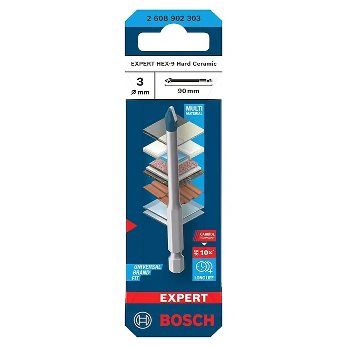 Bosch Professional Fliesenbohrer HEX-9 Hard Ceramic - Durchmesser Bohrer: 3 mm, Länge: 90 mm - Bosch Expert HEX-9 Hartkeramik Bohrer, 3 mm Durchmesser, 90 mm Länge, für präzise Bohrungen in harten Keramikfliesen und andere Materialien.