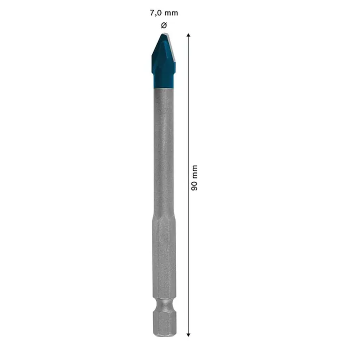 Bosch Professional Fliesenbohrer HEX-9 Hard Ceramic - Durchmesser Bohrer: 7 mm, Länge: 90 mm - Abbildung eines 7,0-mm-Glasbohrers, 90 mm lang, mit blau gefärbter Spitze. Optimal zum Bohren von Löchern in Glas und Keramik.