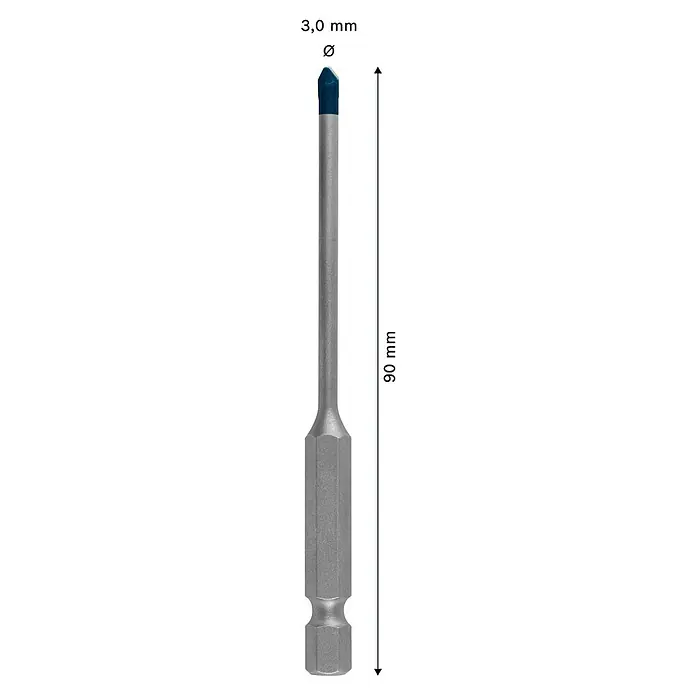 Bosch Professional Fliesenbohrer HEX-9 Hard Ceramic - Durchmesser Bohrer: 3 mm, Länge: 90 mm - Abbildung eines 3,0 mm Glasbohrers mit einer Gesamtlänge von 90 mm, ideal für präzise Bohrarbeiten in Glas.