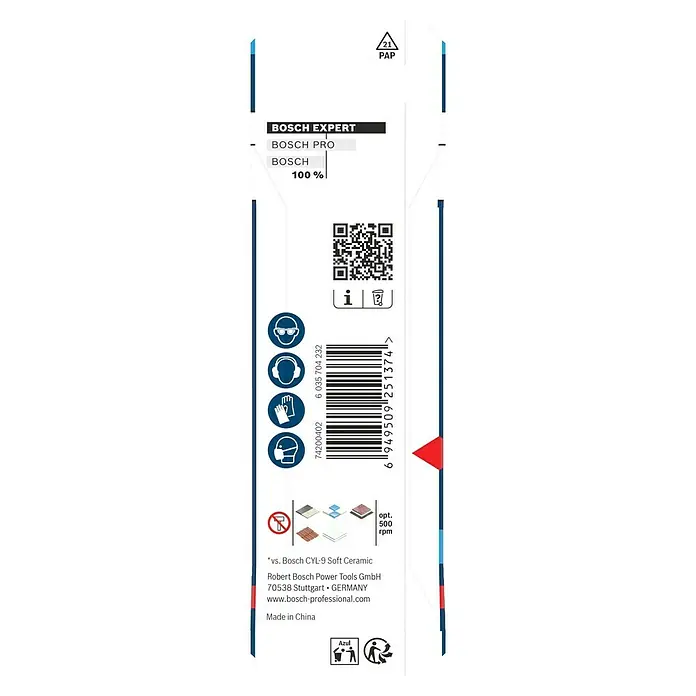 Bosch Professional Fliesenbohrer HEX-9 Hard Ceramic - Durchmesser Bohrer: 3 mm, Länge: 90 mm - Bild der Verpackung eines Bosch Expert Werkzeugs mit Sicherheitshinweisen, Barcode und Herstellerinformationen.