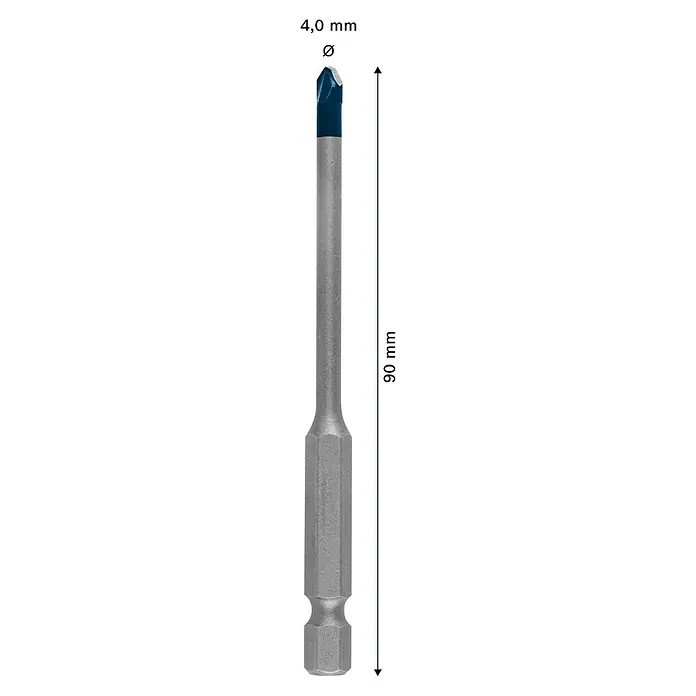 Bosch Professional Fliesenbohrer HEX-9 Hard Ceramic - Durchmesser Bohrer: 4 mm, Länge: 90 mm - Abbildung eines Schrauberbits mit den Maßen 4,0 mm Durchmesser und 90 mm Länge, ideal für präzise Schraubarbeiten.