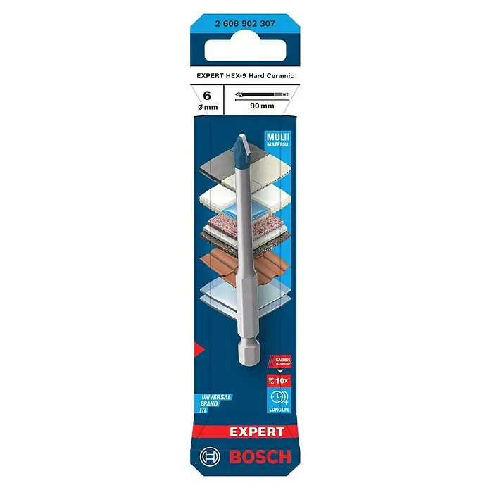 Bosch Professional Fliesenbohrer HEX-9 Hard Ceramic - Durchmesser Bohrer: 6 mm, Länge: 90 mm - Bosch Expert HEX-9 Hartkeramik-Bohrer, 6 mm Durchmesser, 90 mm Länge. Ideal zum Bohren in verschiedenste Materialien, mit Universalaufnahme.