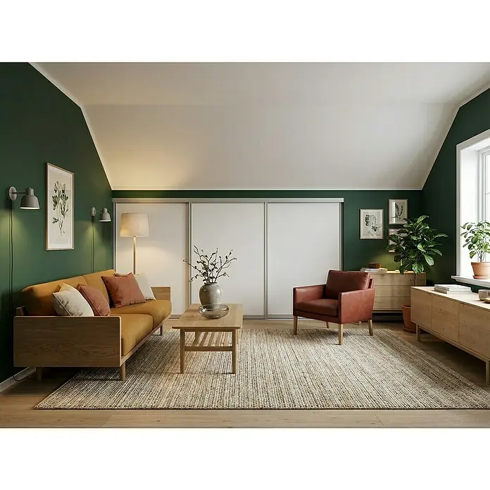 Room Plaza Easy Doing Schiebetür-Bau-Set Kniestock - Reinweiß Miniperl, Farbe Beschlag: Silber - Wohnzimmer mit einem braunen Ledersessel, einem bequemen Sofa, einem Couchtisch und einem Teppich für eine gemütliche Atmosphäre.