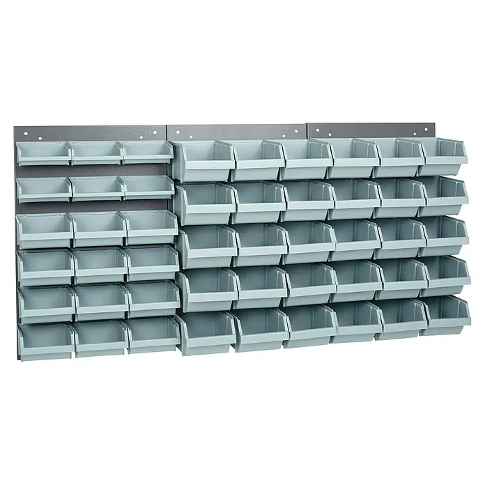 Küpper Schlitzpaneelen-Set - L x H: 120 x 60 cm, Material: Stahl - Graue Lagerkästen an einer Wand montiert. Ideal zur Aufbewahrung von Kleinteilen in Werkstatt oder Garage.