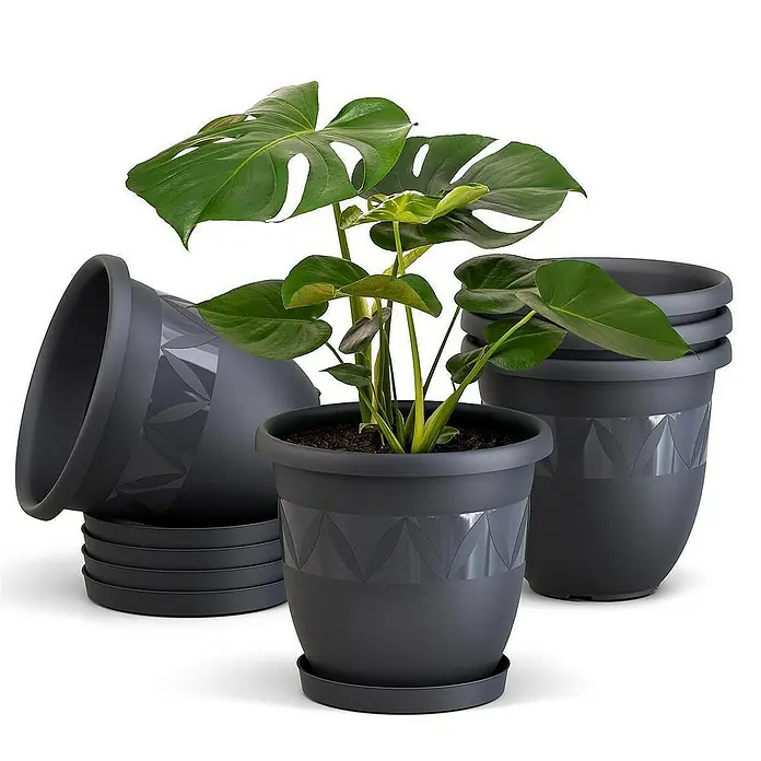 Plastard Pflanztopf Capri 5er Set mit Untersetzer in Anthrazit – Blumentopf - 5 Stk., Kunststoff, Anthrazit