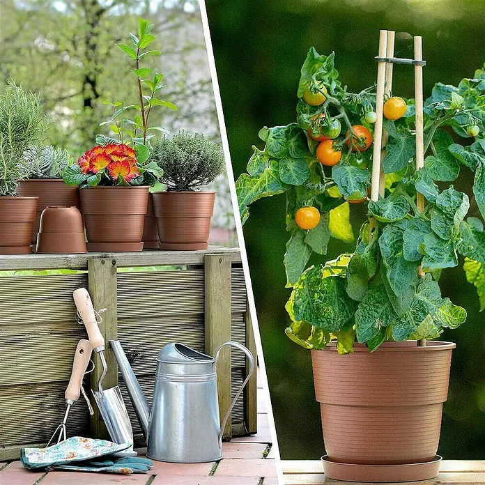 Plastard Pflanztopf Milano 10er Set mit Untersetzer in Terrakotta – Blumentopf - 10 Stk., Kunststoff, Terrakotta