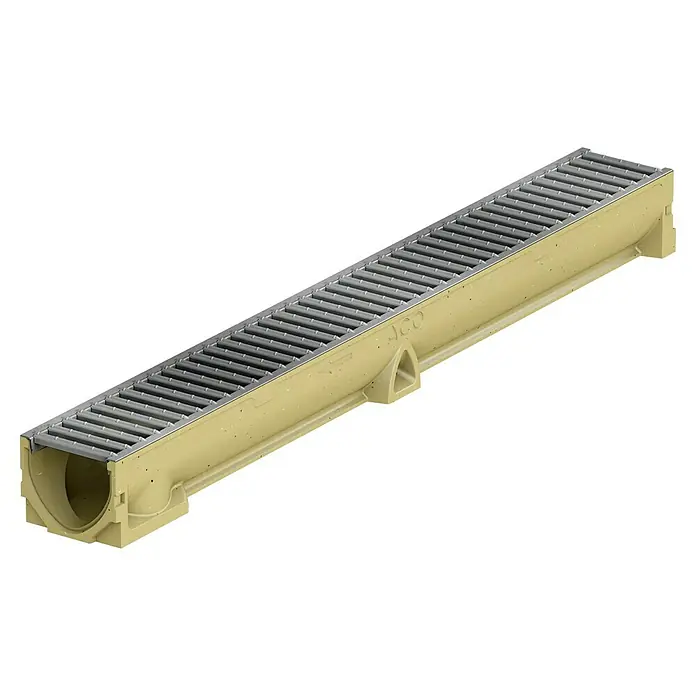 ACO Self Entwässerungsrinne Standardline - 100 x 11,8 x 9,7 cm - Langer, hellfarbener Beton-Entwässerungskanal mit grauem Metallrost.