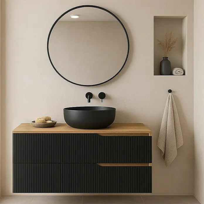 Futurbath Mueble de lavabo Marina - L x An x Al: 45 x 100 x 55 cm, Negro, Melamina - Elegante conjunto de tocador de baño con espejo redondo, lavabo negro sobre encimera y mueble moderno con aspecto de madera.