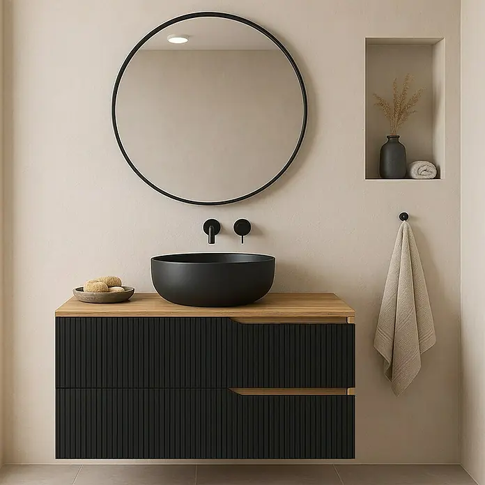 Futurbath Mueble de lavabo Marina - L x An x Al: 45 x 80 x 55 cm, Negro, Melamina - Lavabo negro sobre un tocador moderno con tapa de madera y cajones acanalados, complementado con un espejo redondo y toalla.