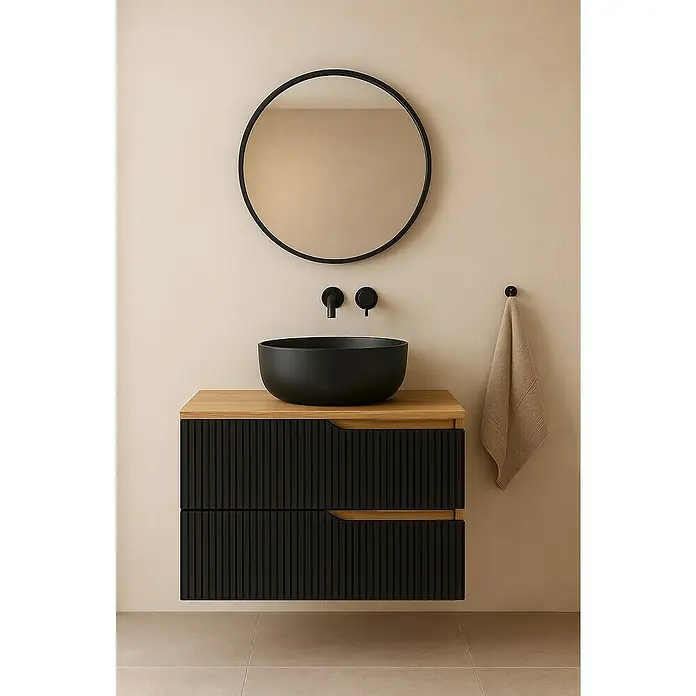 Futurbath Mueble de lavabo Marina - L x An x Al: 45 x 60 x 55 cm, Negro, Melamina - Elegante interior de baño con un lavabo sobre encimera negro, espejo redondo y mueble con detalles de madera.