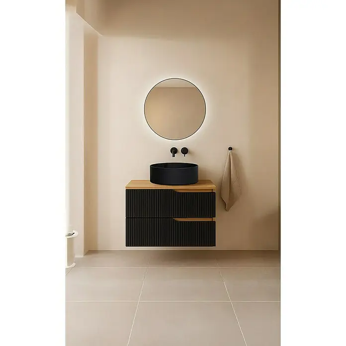 Futurbath Mueble de lavabo Marina - L x An x Al: 45 x 60 x 55 cm, Negro, Melamina - Elegante interior de baño con un moderno mueble de lavabo, un lavabo sobre encimera negro y un espejo redondo.