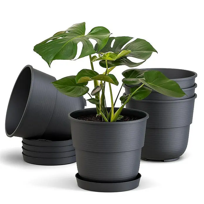 Plastard Pflanztopf Milano 5er Set mit Untersetzer in Anthrazit – Blumentopf - 5 Stk., Kunststoff, Anthrazit