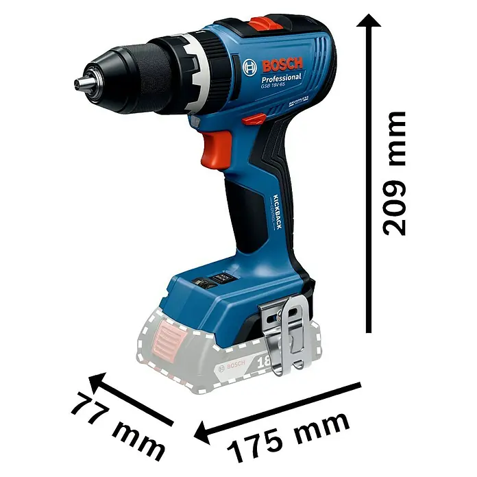 Bosch Professional AMPShare 18V Akku-Schlagbohrschrauber Pro Heavy Duty GSB 18V-65 - 18 V, Ohne Akku, 76 Nm - Nahaufnahme eines Akku-Bohrschraubers Bosch Professional GSB 18V-65 mit blauem Gehäuse, rotem Auslöser und austauschbarem Akku.