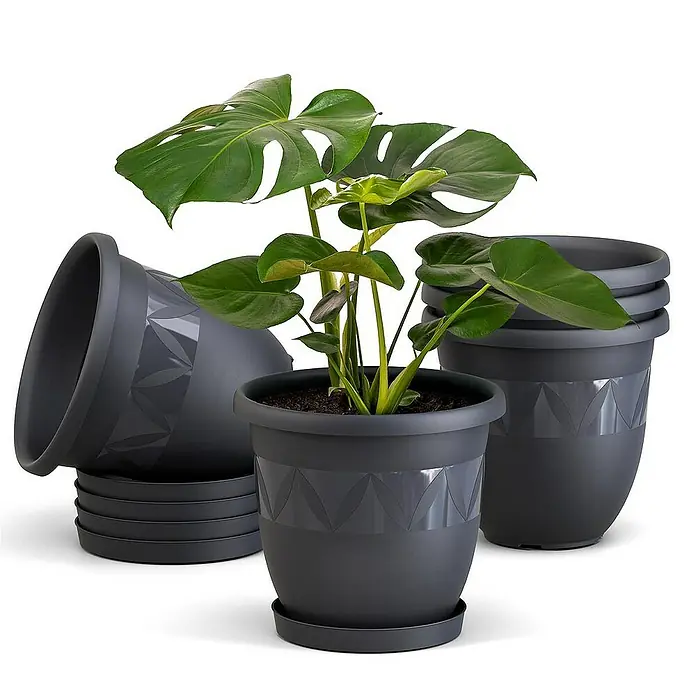 Plastard Pflanztopf Capri 5er Set mit Untersetzer in Anthrazit – Blumentopf - Außenmaß (Ø x H): 18 x 15 cm, Kunststoff, Anthrazit
