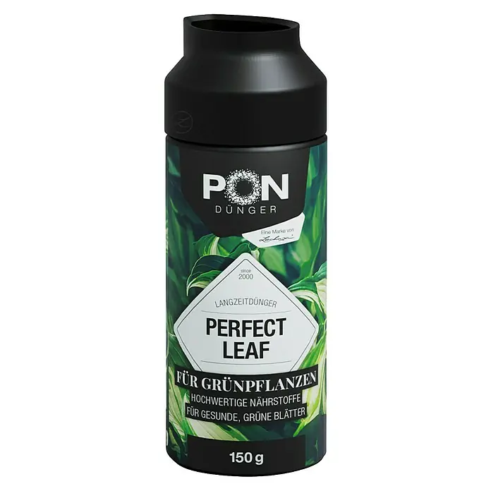 Lechuza Universaldünger Perfect Leaf - 150 g - Schwarzer zylindrischer Behälter mit PON DÜNGER PERFECT LEAF Langzeitdünger für Grünpflanzen.