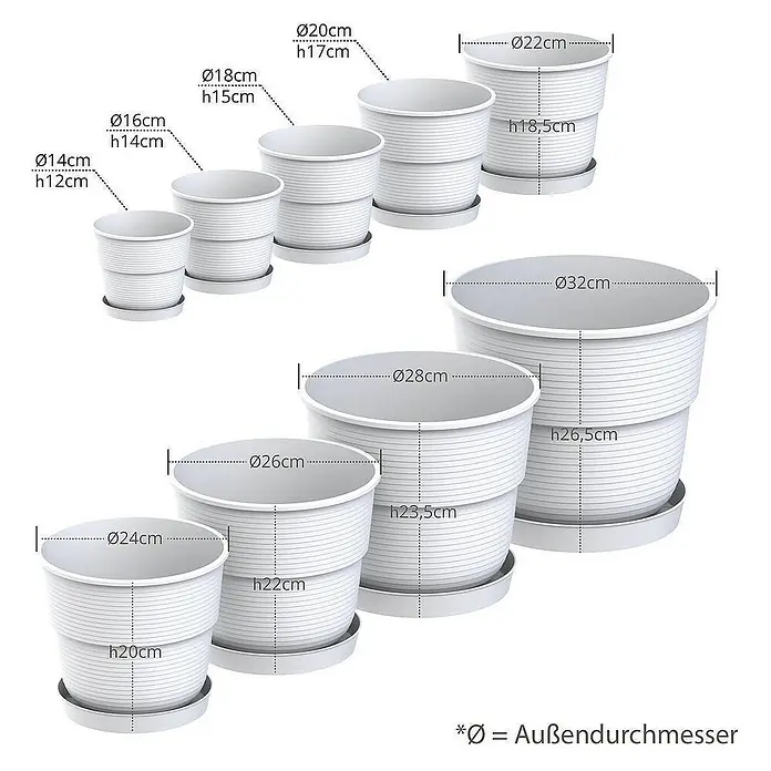 Plastard Pflanztopf Milano 3er Set mit Untersetzer in Weiß – Blumentopf - 3 Stk., Kunststoff, Weiß