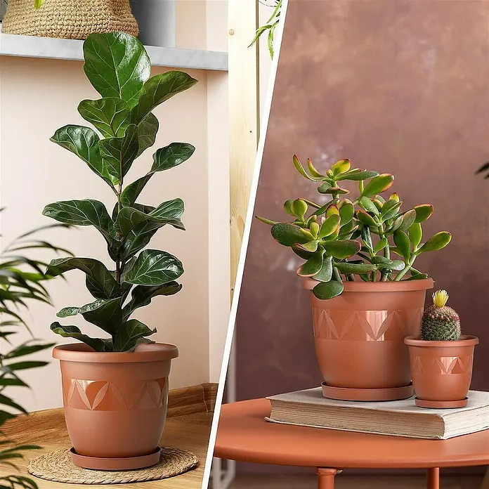 Plastard Pflanztopf Capri 3er Set mit Untersetzer in Terrakotta – Blumentopf - 3 Stk., Kunststoff, Terrakotta