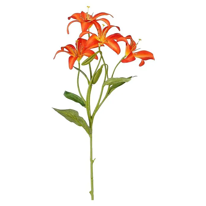 Kunstblume Lilie - 63 cm, Orange, Kunststoff - Lebhafter orangefarbener Lilienstiel mit mehreren offenen Blüten, geschlossenen Knospen und grünen Blättern.