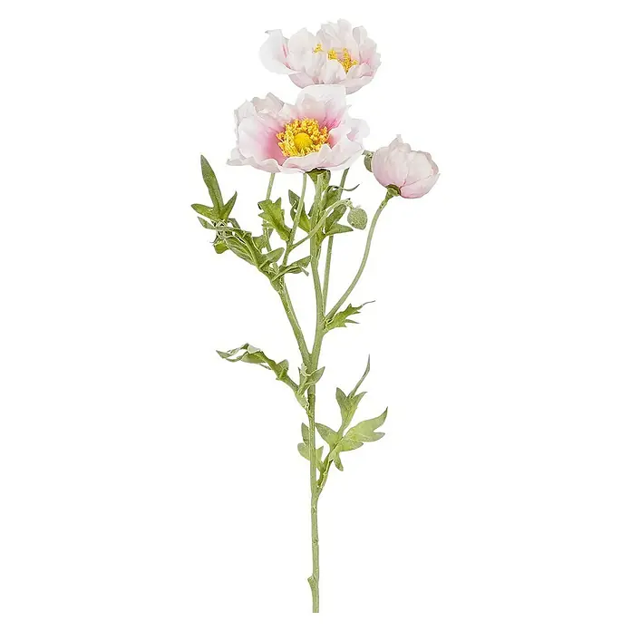 Kunstblume Klatschmohn - 62 cm, Rosa, Kunststoff - Künstlicher Blumenstiel mit mehreren hellrosa, mohnähnlichen Blüten, gelben Zentren, grünen Blättern und einer Knospe zur Dekoration.