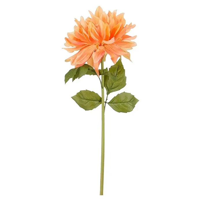 Edelmann Kunstblume Dahlie - 61 cm, Orange, Kunststoff - Künstliche orangefarbene Dahlienblüte mit grünem Stiel und Blättern.