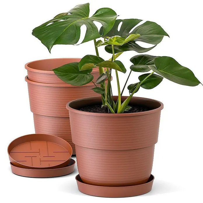 Plastard Pflanztopf Milano 3er Set mit Untersetzer in Terrakotta – Blumentopf - Außenmaß (Ø x H): 18 x 15 cm, Kunststoff, Terrakotta
