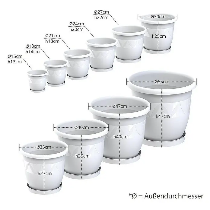 Plastard Pflanztopf Capri 3er Set mit Untersetzer in Weiß – Blumentopf - 3 Stk., Kunststoff, Weiß