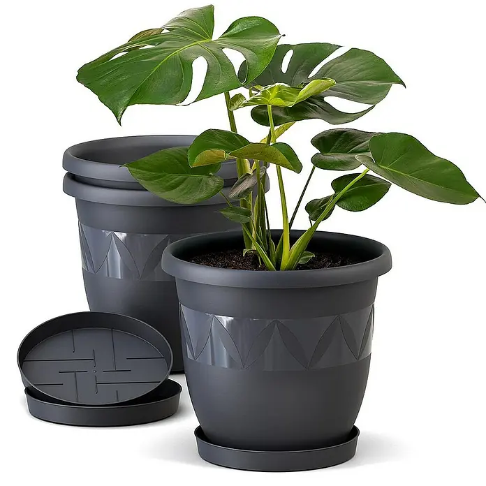 Plastard Pflanztopf Capri 3er Set mit Untersetzer in Anthrazit – Blumentopf - 3 Stk., Kunststoff, Anthrazit