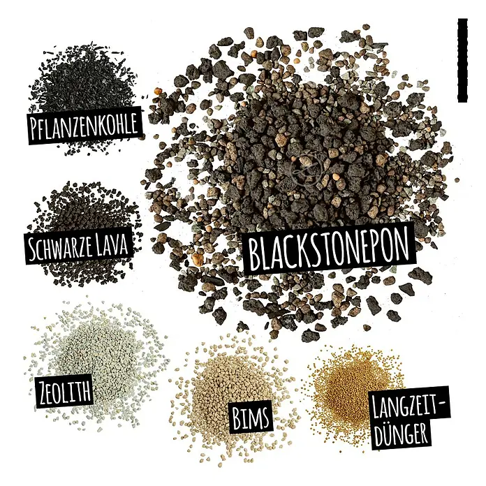 Lechuza Pflanzensubstrat Blackstone Pon - 12 l - Verschiedene granulierte Pflanzensubstrate und Dünger, darunter Pflanzenkohle, schwarze Lava, Zeolith, Bims, ein Mischsubstrat und Langzeitdüngerpellets.