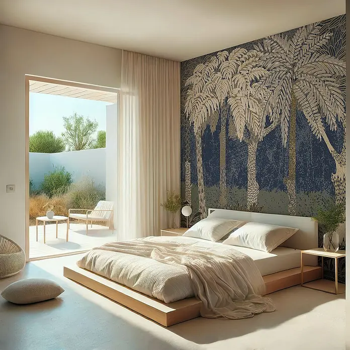 Komar Fototapete Blue Palm Jungle - 6 -tlg., B x H: 300 x 250 cm, Vlies - Helles Schlafzimmer mit einem bequemen Bett und einer Wand mit Palmenmuster, die eine entspannende Atmosphäre schafft.