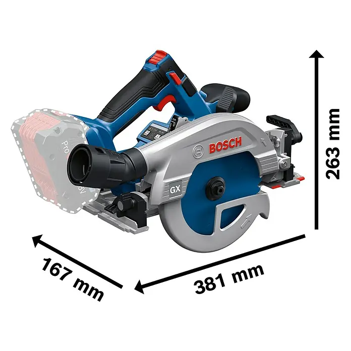 Bosch Professional AMPShare 18V Akku-Handkreissäge Pro Heavy Duty GKS 18V-57-2 GX - 18 V, Ohne Akku, Durchmesser Sägeblatt: 165 mm, 5.000 U/min - Abbildung einer Bosch Akku-Handkreissäge mit Maßangaben zu Länge, Breite und Höhe.\n