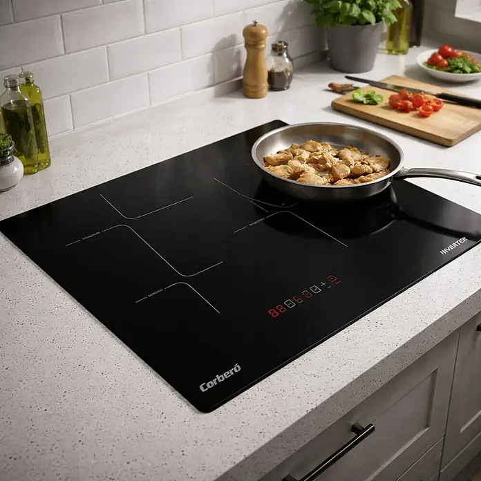 Corberó Placa de cocción CCIM3362 - Número de fogones de inducción: 3 ud., Vidrio - Placa de inducción encastrada Corberó en una cocina moderna con una sartén de comida, destacando su diseño elegante y su artesanía de calidad.
