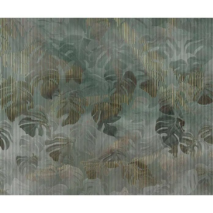 Komar Fototapete Monstera Gold - 6 -tlg., B x H: 300 x 250 cm, Vlies - Abstrakte Illustration mit tropischen Blättern und vertikalen Streifen, die ein modernes und stilvolles Design für Wanddekorationen bietet.