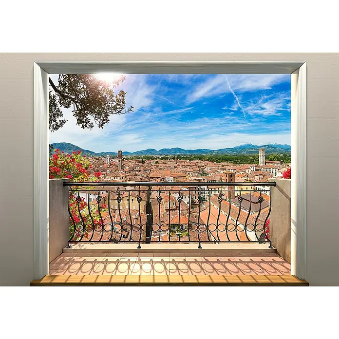 Komar Fototapete Balcony - 4 -tlg., B x H: 368 x 248 cm, Vlies - Balkon mit Blick auf die Stadt Lucca in Italien. Die kunstvollen Geländer und der Ausblick machen diesen Balkon zu etwas Besonderem.