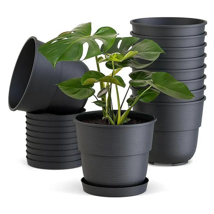 Plastard Pflanztopf Milano 10er Set mit Untersetzer in Anthrazit – Blumentopf - 10 Stk., Kunststoff, Anthrazit