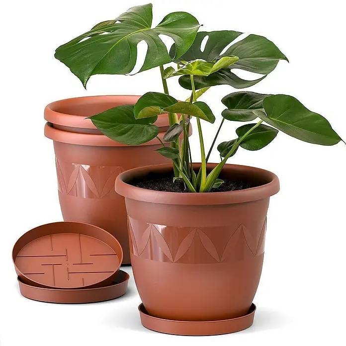 Plastard Pflanztopf Capri 3er Set mit Untersetzer in Terrakotta – Blumentopf - 3 Stk., Kunststoff, Terrakotta