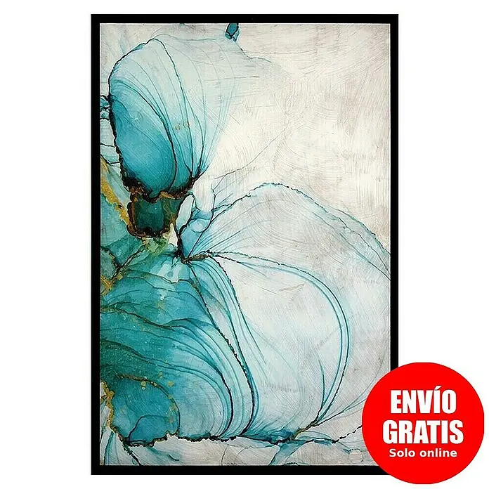 Cuadro 513 - Abstracto 513, An x Al: 42 x 52 cm, 1 pzs. - Cuadro enmarcado con degradados azul-verde y elementos florales abstractos para una decoración de pared moderna.