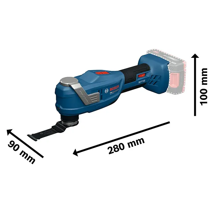 Bosch Professional AMPShare 18V Akku-Multitool GOP 18V-30 SOLO K - Ohne Akku, 18 V - Das Bild zeigt ein blaues Bosch GOP 18V-28 Professional Multifunktionswerkzeug mit Abmessungen.