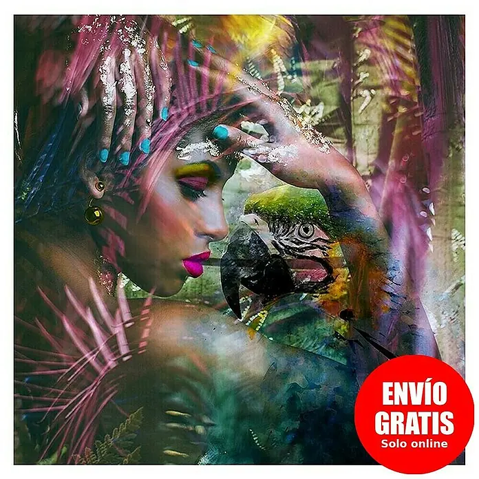 Lienzo Mujer y Loro - Mujer y Loro, An x Al: 80 x 80 cm, 1 pzs. - Impresión digital con mujer y loro en estilo selva, arte colorido para decoración de paredes y diseño de interiores.
