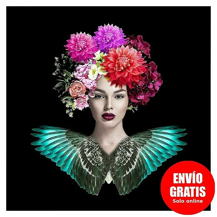 Lienzo Mujer flores - Mujer flores, An x Al: 80 x 80 cm, 1 pzs. - Mujer con corona floral y alas de ángel sobre fondo negro.
