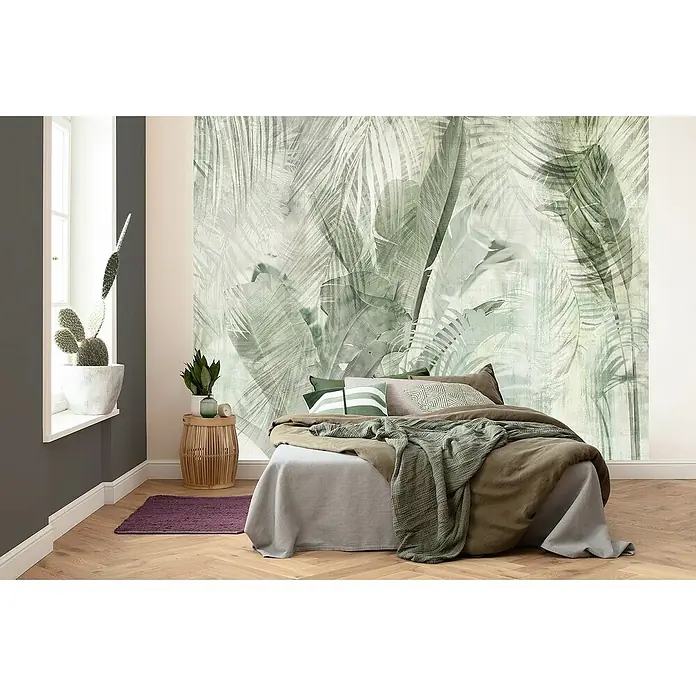 Komar Fototapete Blattgewand - 6 -tlg., B x H: 300 x 250 cm, Vlies - Zimmer mit Dschungel-Tapete.